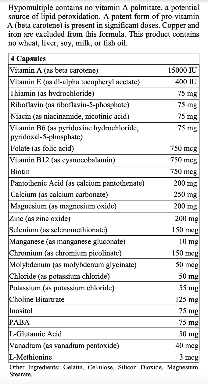 Hypomultiple Vitamin Mineral Formula